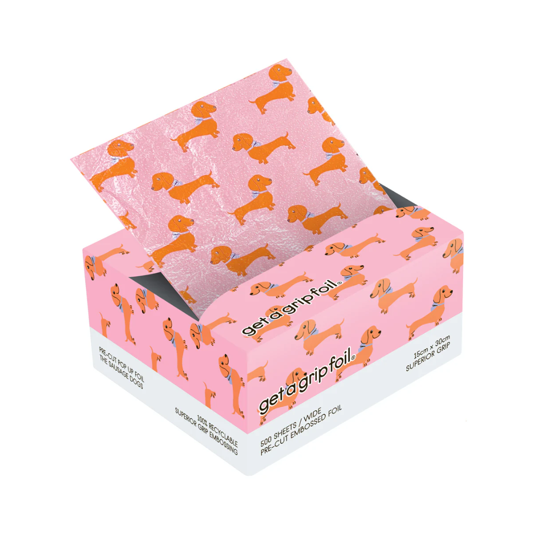 a box of Get a grip foil with sausage dog prints in open dispenser pack