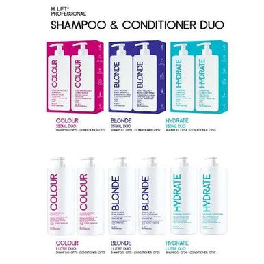 A Collection of Hi lift branded shampoo and conditioner sets available at salon essentials
