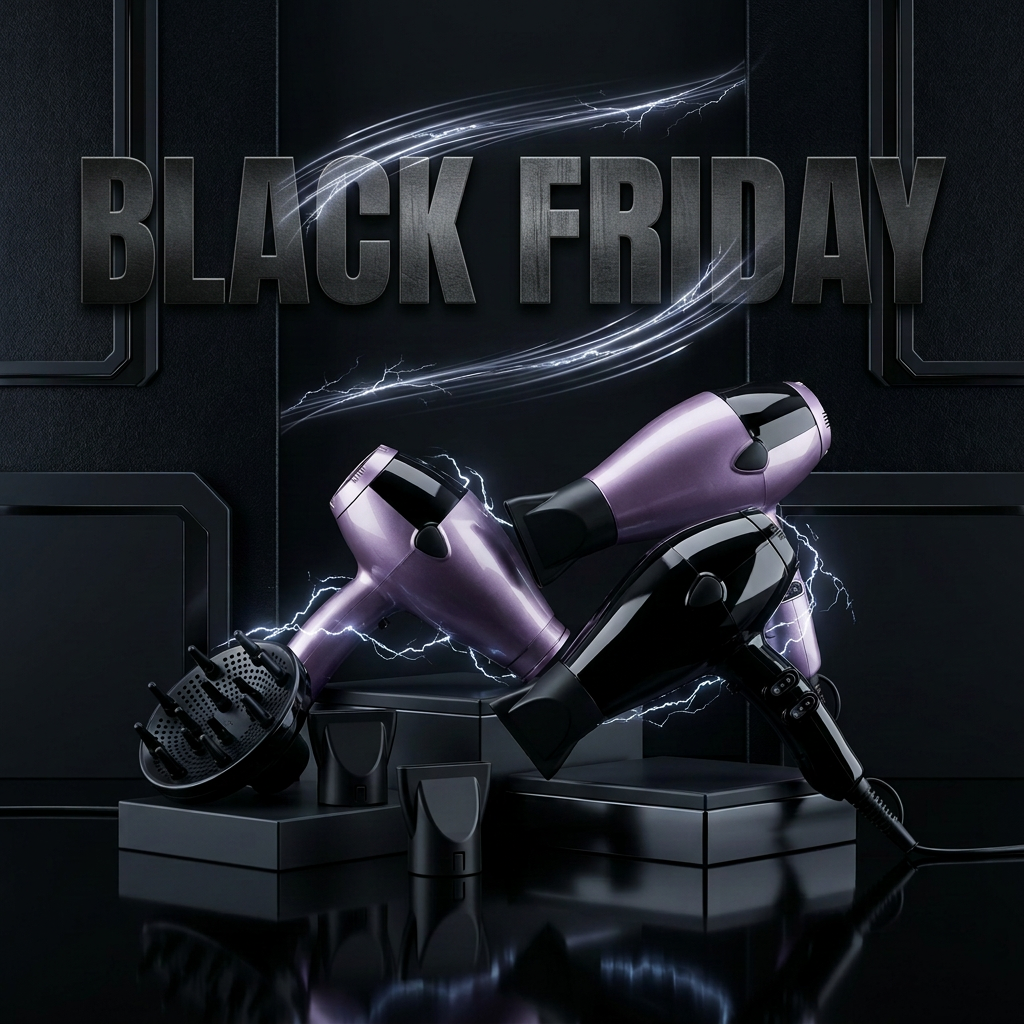 Black Friday electrical sales collection image with a bold BLACK FRIDAY text banner over a professional salon hair dryer