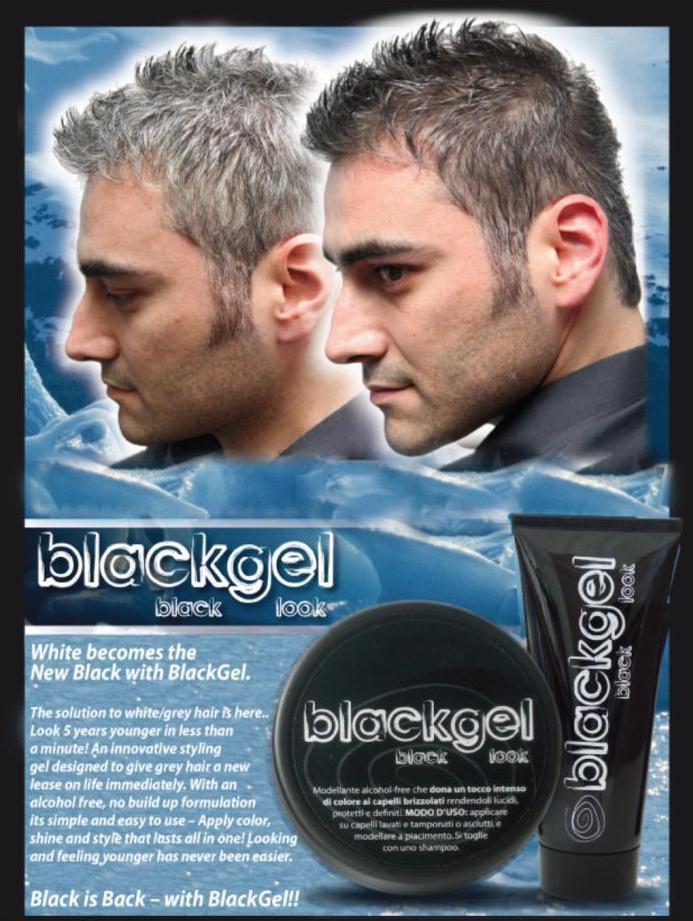 Advertisement for BlackGel hair product featuring two men with gray and black hair.