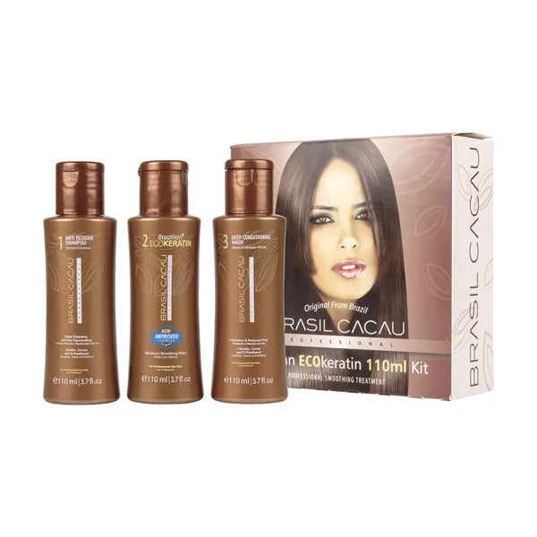 Brasil Cacau ECO Keratin Kit 110ml, featuring the world's most innovative and effective professional smoothing treatment with Brazilian keratin technology, designed to reinforce hair structure, smooth the cuticle, and eliminate frizz.