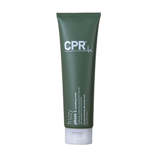 A bottle of CPR Frizzy Solution Phase 1 hair product with a white and blue label, placed on a white background.