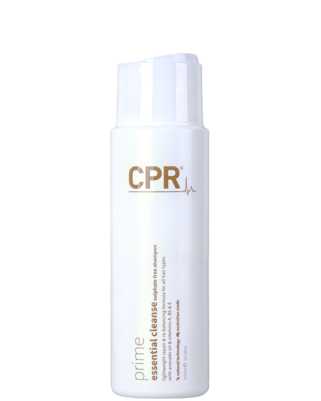 CPR Vitafive Prime Essential Cleanse 300ml bottle with a sleek, modern design featuring clear branding, set against a clean, neutral background, highlighting its sulfate-free, professional-grade formulation for gentle hair cleansing