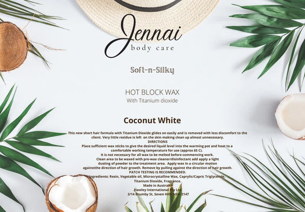 Jennai Soft-n-Silky Hot Block Wax in coconut scent - 1 kilogram pack.  This is a hard wax designed specifically for short hair removal and minimize discomfort on delicate skin.