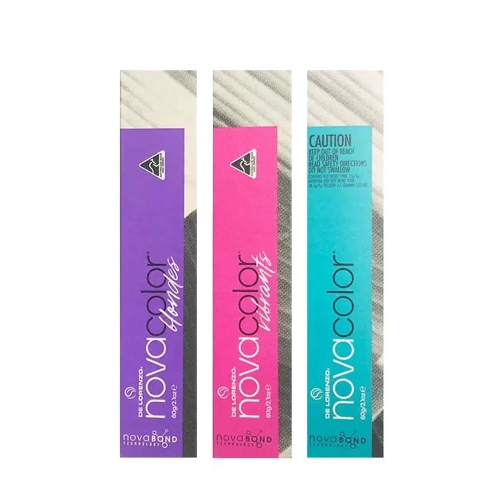 Three Novacolor hair dye boxes in purple, pink, and blue on a white background