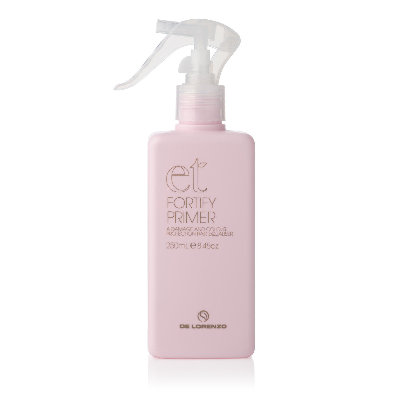 De Lorenzo Essential Treatments Fortify Primer 250ml bottle, featuring a lightweight, nutrient-rich formula designed to repair, strengthen, and smooth damaged or fragile hair for a polished, healthy finish.  Salon Essentials