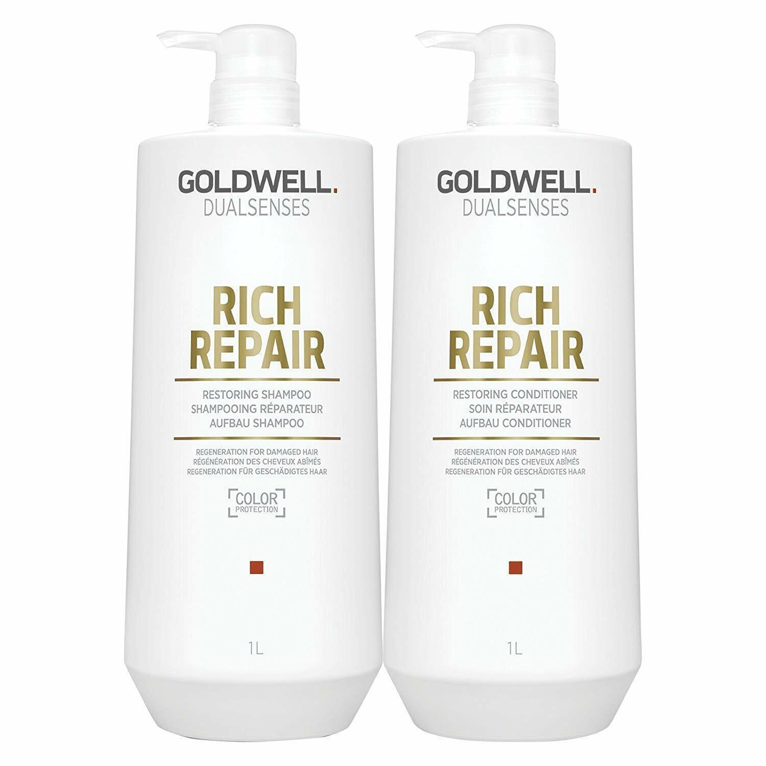 two bottles of Goldwell Dualsenses Rich repair shampoo and conditioner.  This is a combination one litre shampoo and one litre of conditioner as a bundle offer