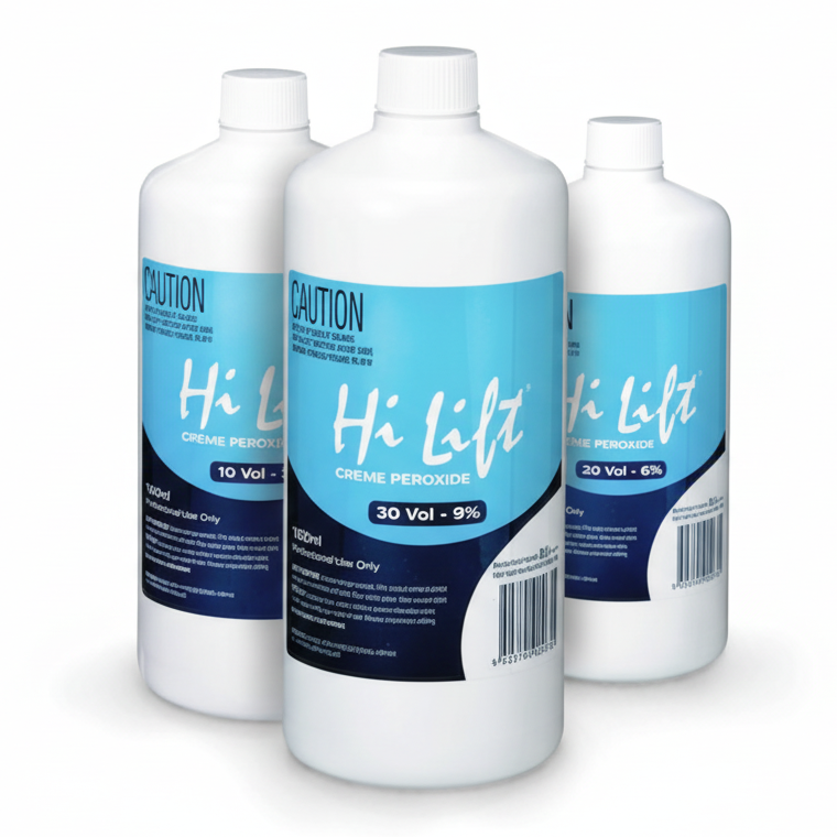 Three bottles of Hi Lift hair peroxide on a white background