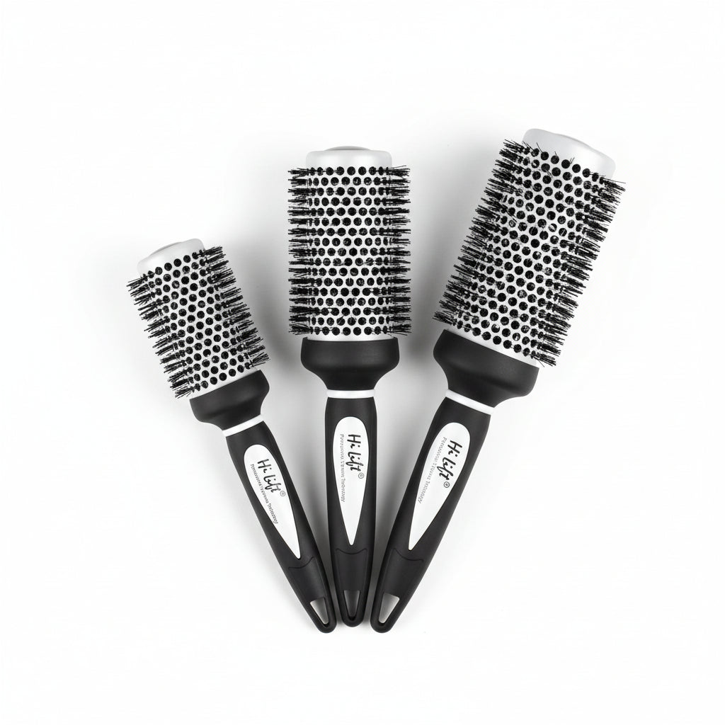 Hi Lift Black hairbrush with ceramic bristle head on a white background