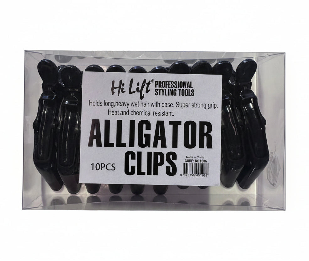 Pack of black alligator clips with a Hi Life label on a white background