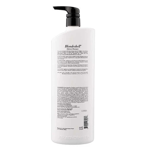 back of bottle 1L Blondeshell Shampoo - Keratin Complex, Purple Pigmented Formula to Neutralize Brassy Tones, Enhance Blonde and Gray Hair, Infused with Keratin and Chamomile for Smooth, Vibrant Hair