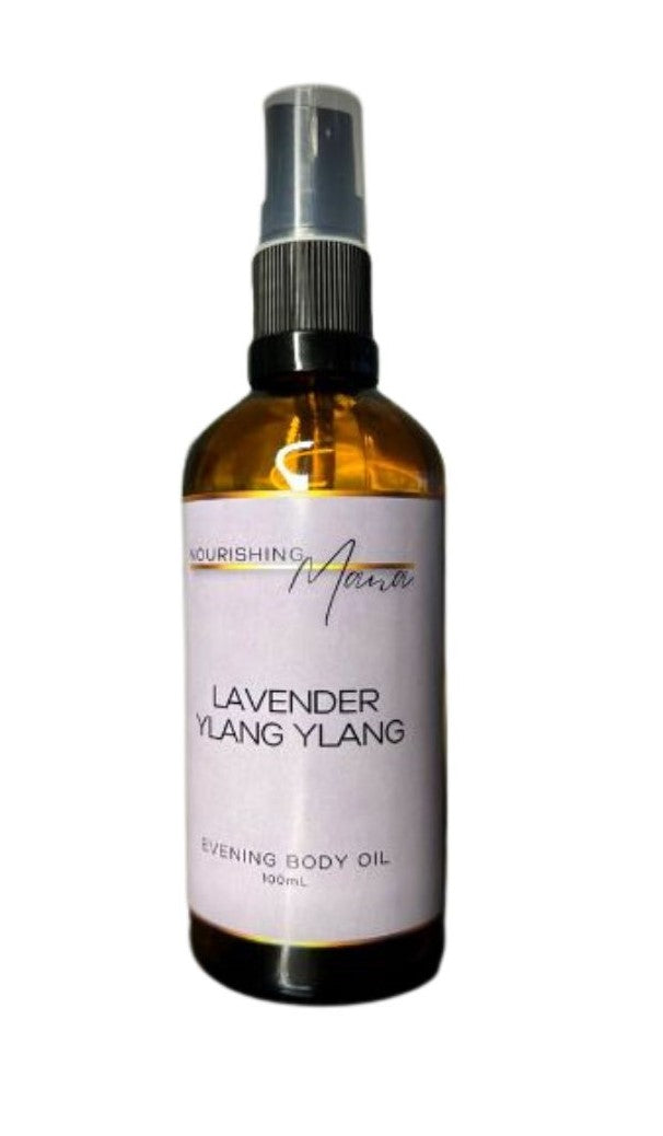 Lavender Ylang Ylang Evening Body Oil. Crafted with care, this luxurious oil deeply moisturizes and soothes your skin, leaving it soft, supple, and rejuvenated.