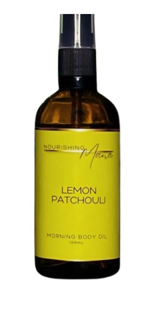 Lemon Patchouli Morning Body Oil. Crafted from natural botanicals, this luxurious oil deeply moisturizes and revitalizes your skin, leaving it soft, supple, and glowing