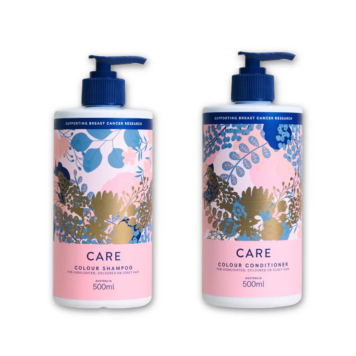 Two bottles of Care Colour Shampoo and Conditioner with floral design on a white background