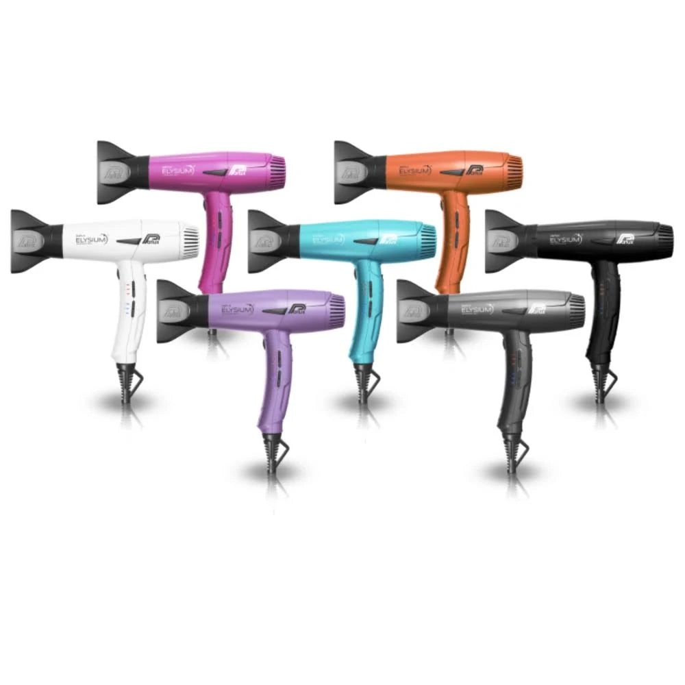 Range of colourful Parlux Elysium hair dryers on a white background