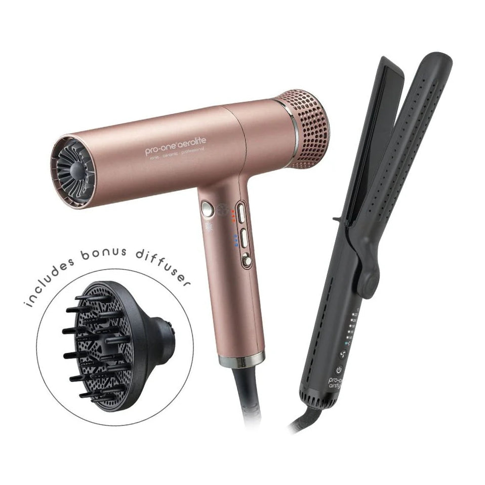 Pro-One Rose gold hair dryer with bonus diffuser attachment and black straightener on a white background