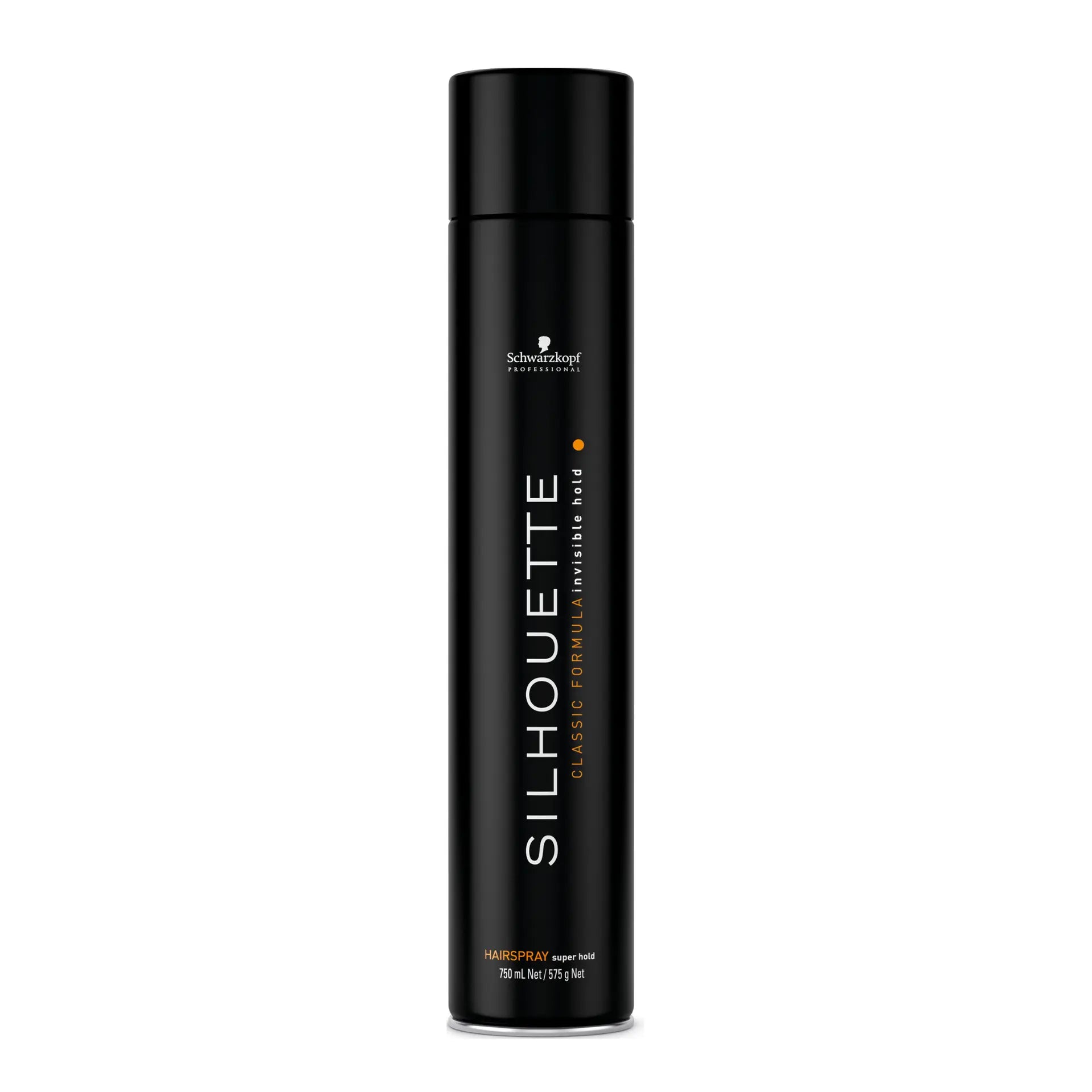 Black hair spray bottle labeled 'Silhouette' on a white background