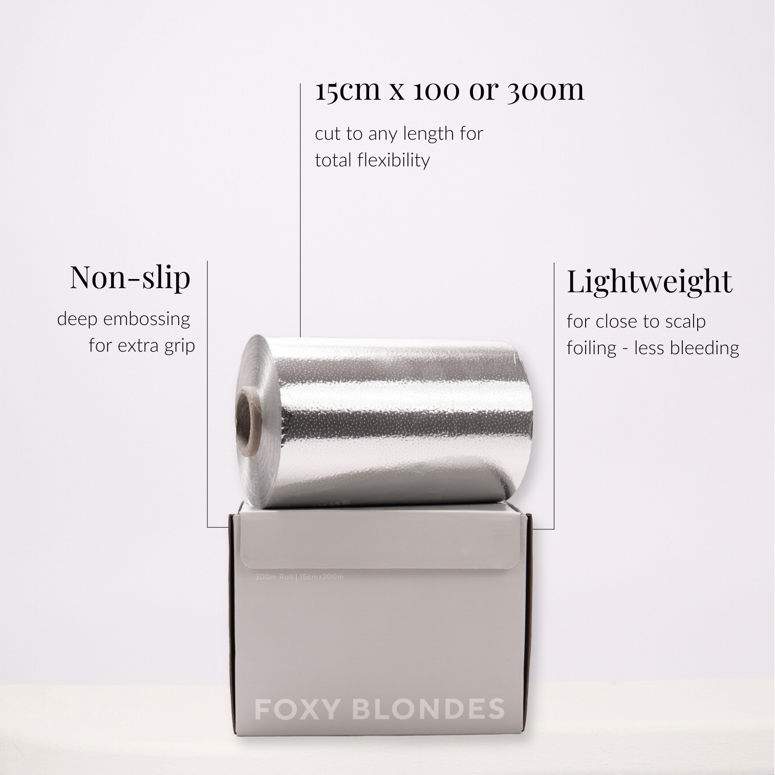 Foil roll with packaging labeled 'Foxy Blondes' on a white background