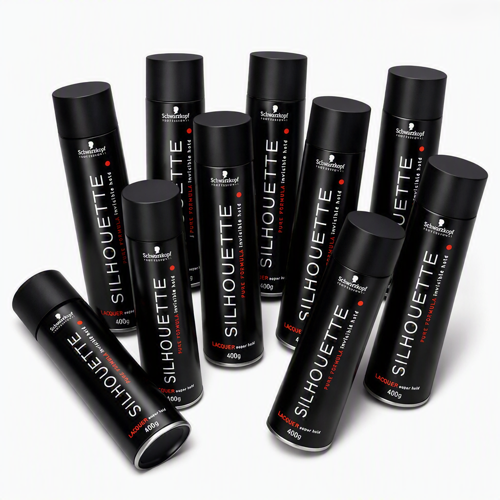 Nine black cylindrical hair styling product cans arranged on a light gray studio background. The cans are labeled Schwarzkopf Silhouette Hair Transform Styling Tree with red and white text, 