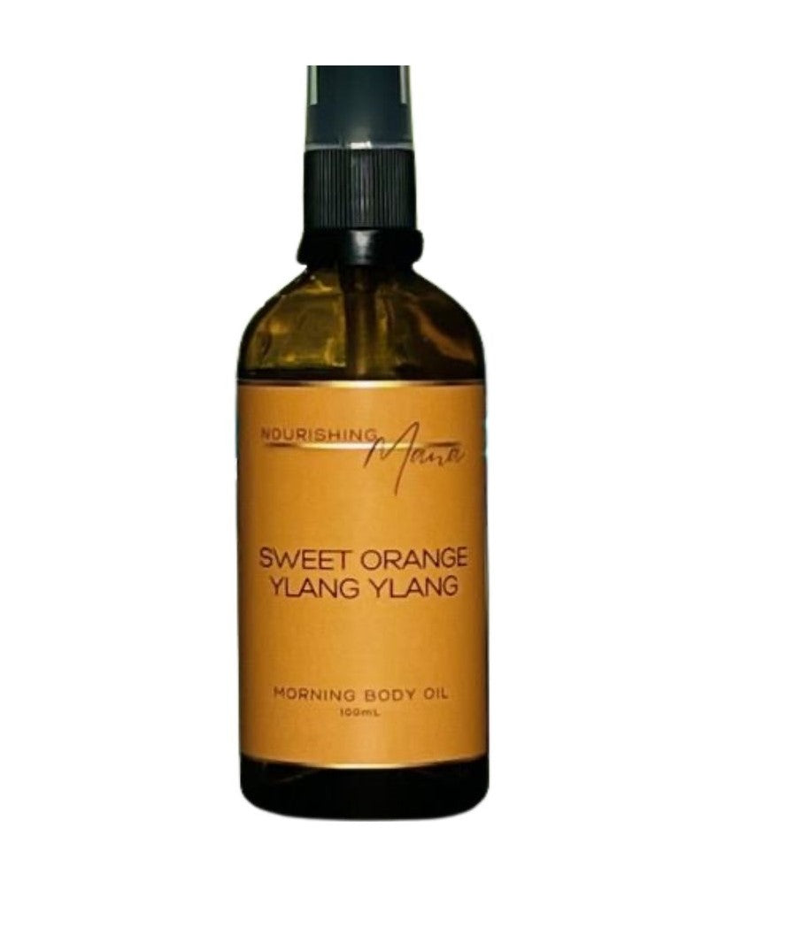 Nourishing Mana Sweet Orange Ylang Ylang Body Oil. This exquisite blend of natural, non-toxic ingredients is designed to soothe dryness & soften your skin