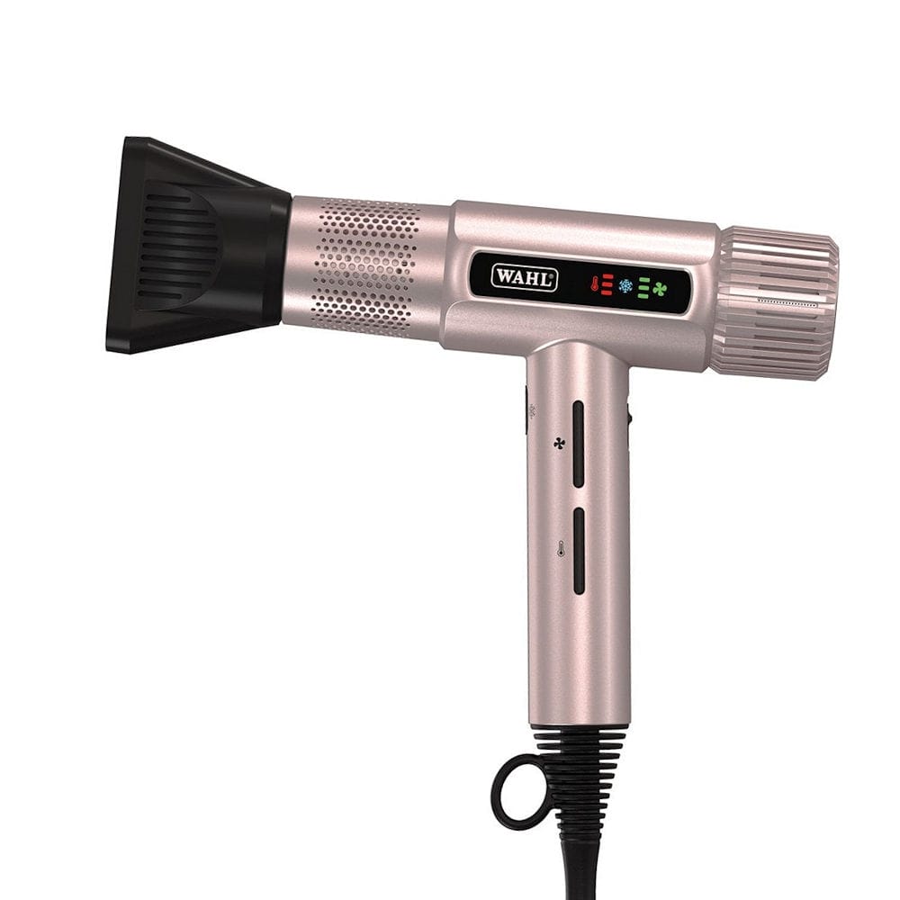 Wahl Rose Gold hair dryer with black nozzle on a white background