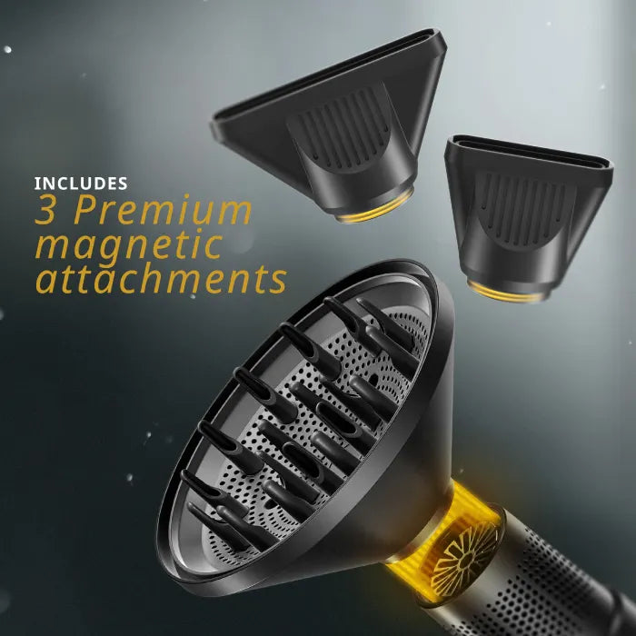 Hair dryer with three premium magnetic attachments on a dark background