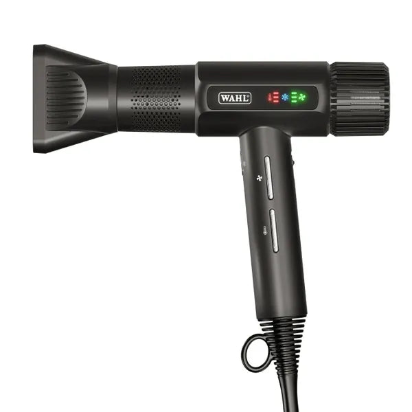 Wahl Vanquish Black hair dryer with Wahl brand logo on a white background