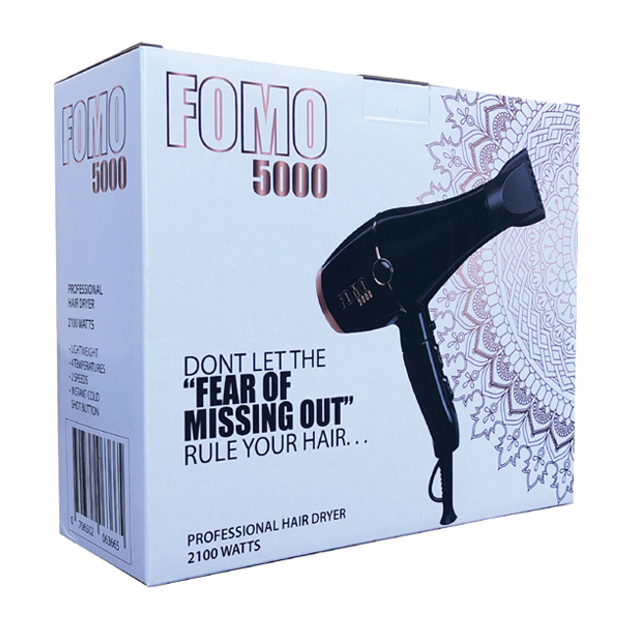 The FOMO 5000 Professional Hair Dryer combines style, performance, and convenience. With its unique black and gold design, this lightweight hair dryer is a must-have for salon professionals and home users alike