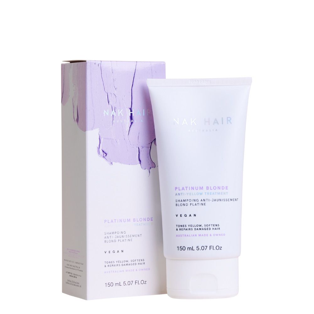 NAK Platinum Blonde Anti-Yellow Treatment 150ml bottle, featuring a quick 60-second repair formula to neutralise yellow tones and enhance cool, platinum shades, suitable for blonde and grey hair types.
