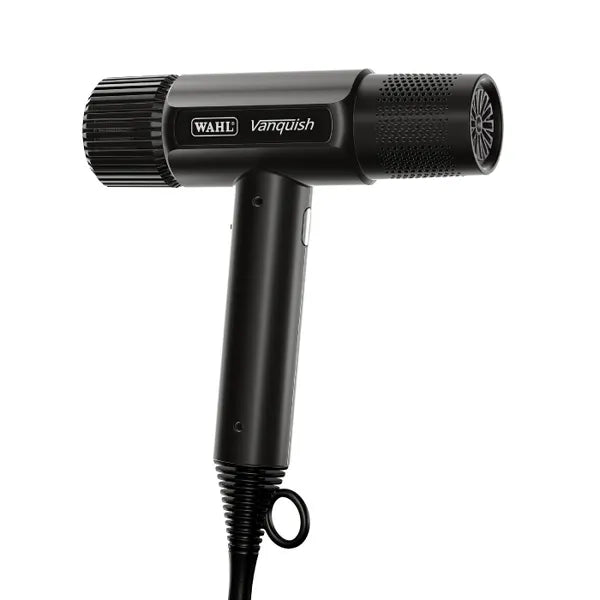 Black hair dryer with 'Wahl Vanquish' branding on a white background