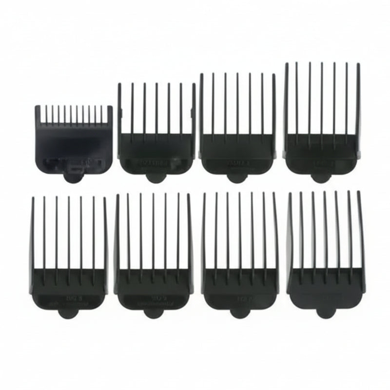 Set of black hair clipper combs on a white background