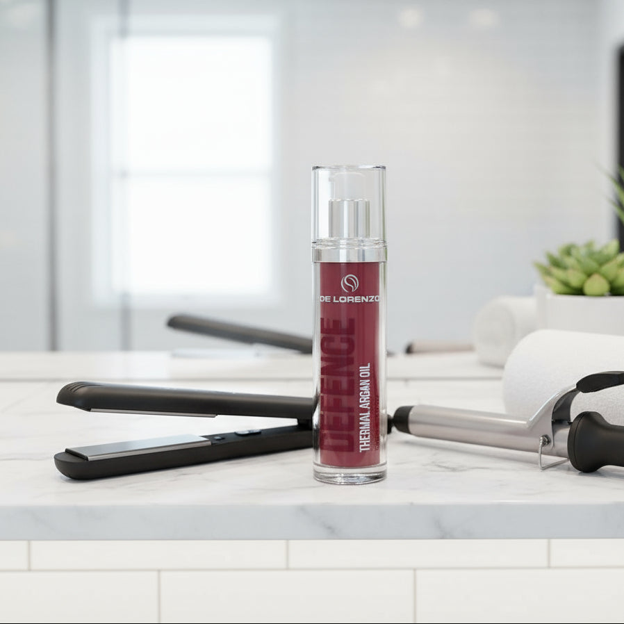 A bottle of De Lorenzo Defence Thermal Argan Oil, designed for hair heat protection and conditioning.