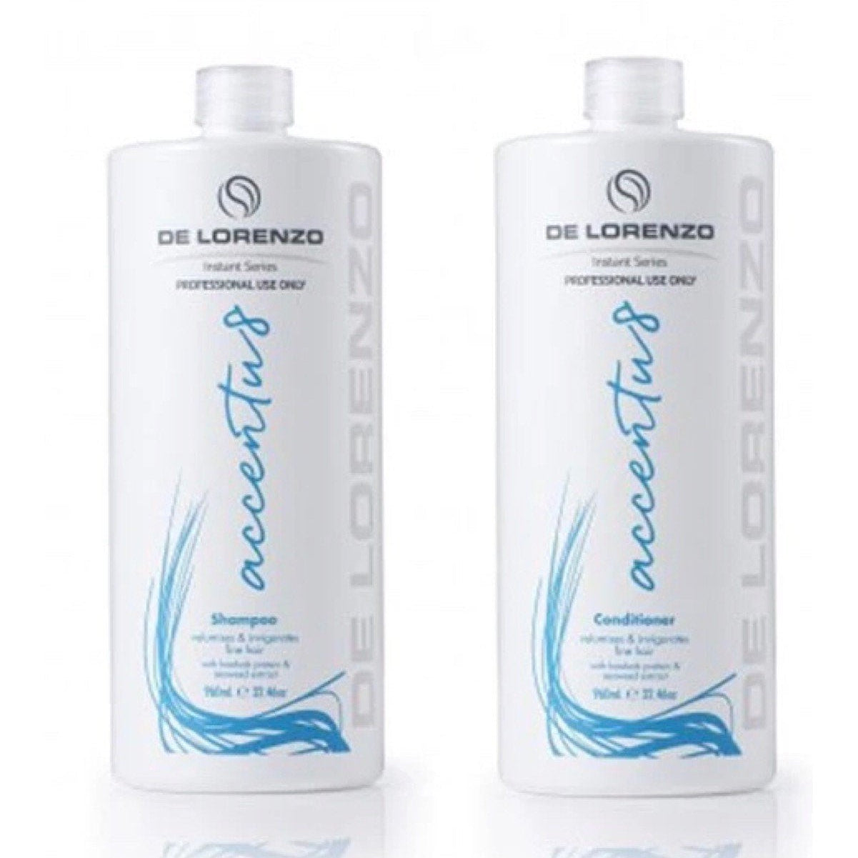 Two bottles of De Lorenzo Instant Accentu8 Shampoo and Conditioner, in 960ml packaging.