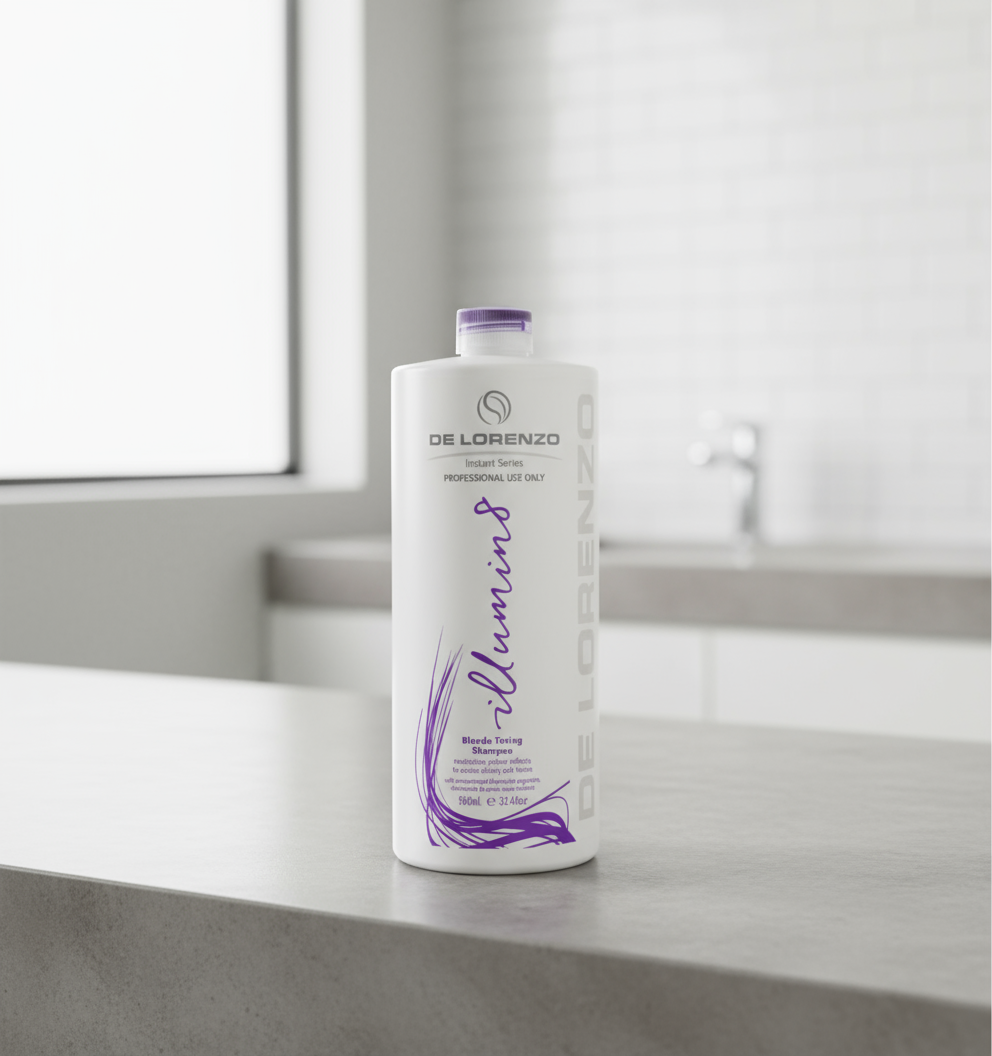 A bottle of De Lorenzo Instant Illumin8 Blonde Toning Shampoo with a pump dispenser. The packaging is predominantly white with purple accents and text.