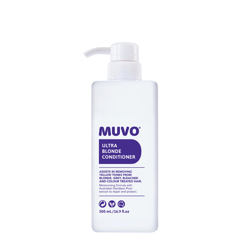 Muvo Ultra Blonde Conditioner 500ml assists in removing yellow tones from blonde, grey, bleached and colour treated hair.