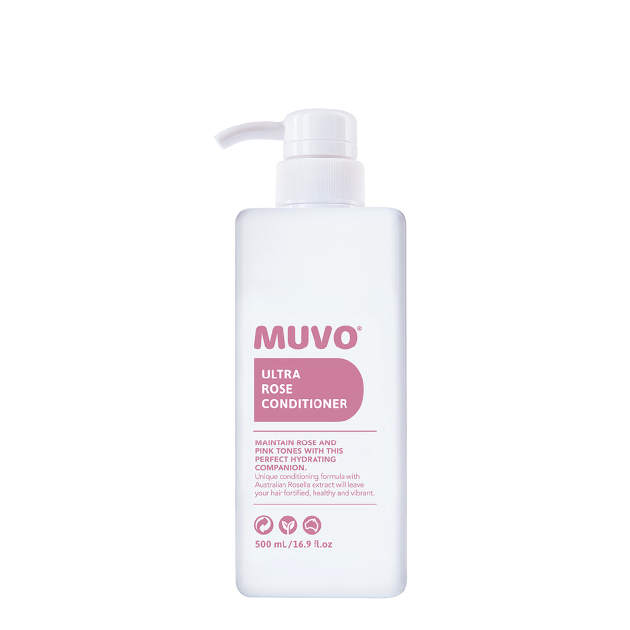 MUVO Ultra Rose Conditioner is the perfect companion to MUVO Ultra Rose Shampoo, assisting in creating pink tones for blonde, bleached, grey and highlighted hair. Powerful exotic Australian Rosella protects against UVA & UVB damage. It’s potent phtyo-active compounds target hair conditioning & volumising.